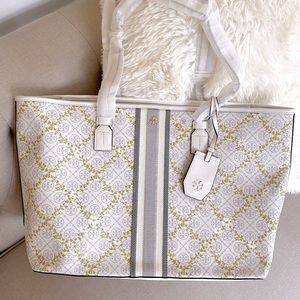 Tory Burch T Monogram Floral Vine Top-Zip Tote Bag